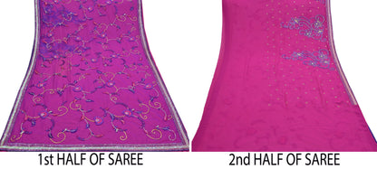 Indian Vintage Sari Pink & Purple Net/Pure Georgette Silk Hand Embroidered Anamika Khanna Designer Sarees Ethnic 6Yd with Blouse Fabric