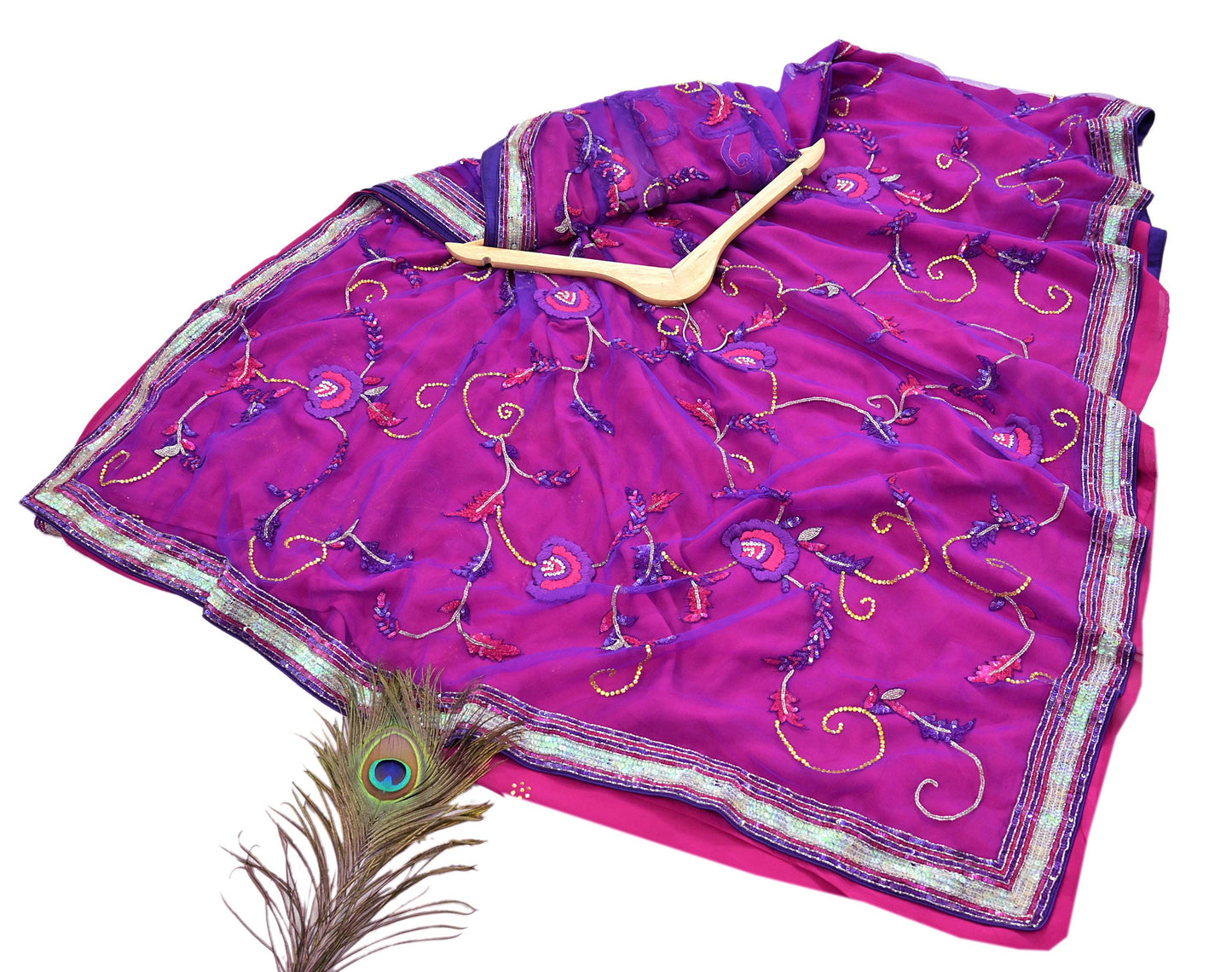 Indian Vintage Sari Pink & Purple Net/Pure Georgette Silk Hand Embroidered Anamika Khanna Designer Sarees Ethnic 6Yd with Blouse Fabric
