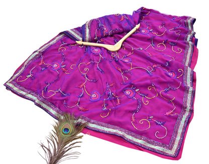 Indian Vintage Sari Pink & Purple Net/Pure Georgette Silk Hand Embroidered Anamika Khanna Designer Sarees Ethnic 6Yd with Blouse Fabric