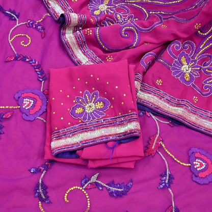 Indian Vintage Sari Pink & Purple Net/Pure Georgette Silk Hand Embroidered Anamika Khanna Designer Sarees Ethnic 6Yd with Blouse Fabric