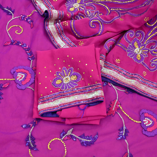 Indian Vintage Sari Pink & Purple Net/Pure Georgette Silk Hand Embroidered Anamika Khanna Designer Sarees Ethnic 6Yd with Blouse Fabric