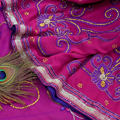 Indian Vintage Sari Pink & Purple Net/Pure Georgette Silk Hand Embroidered Anamika Khanna Designer Sarees Ethnic 6Yd with Blouse Fabric