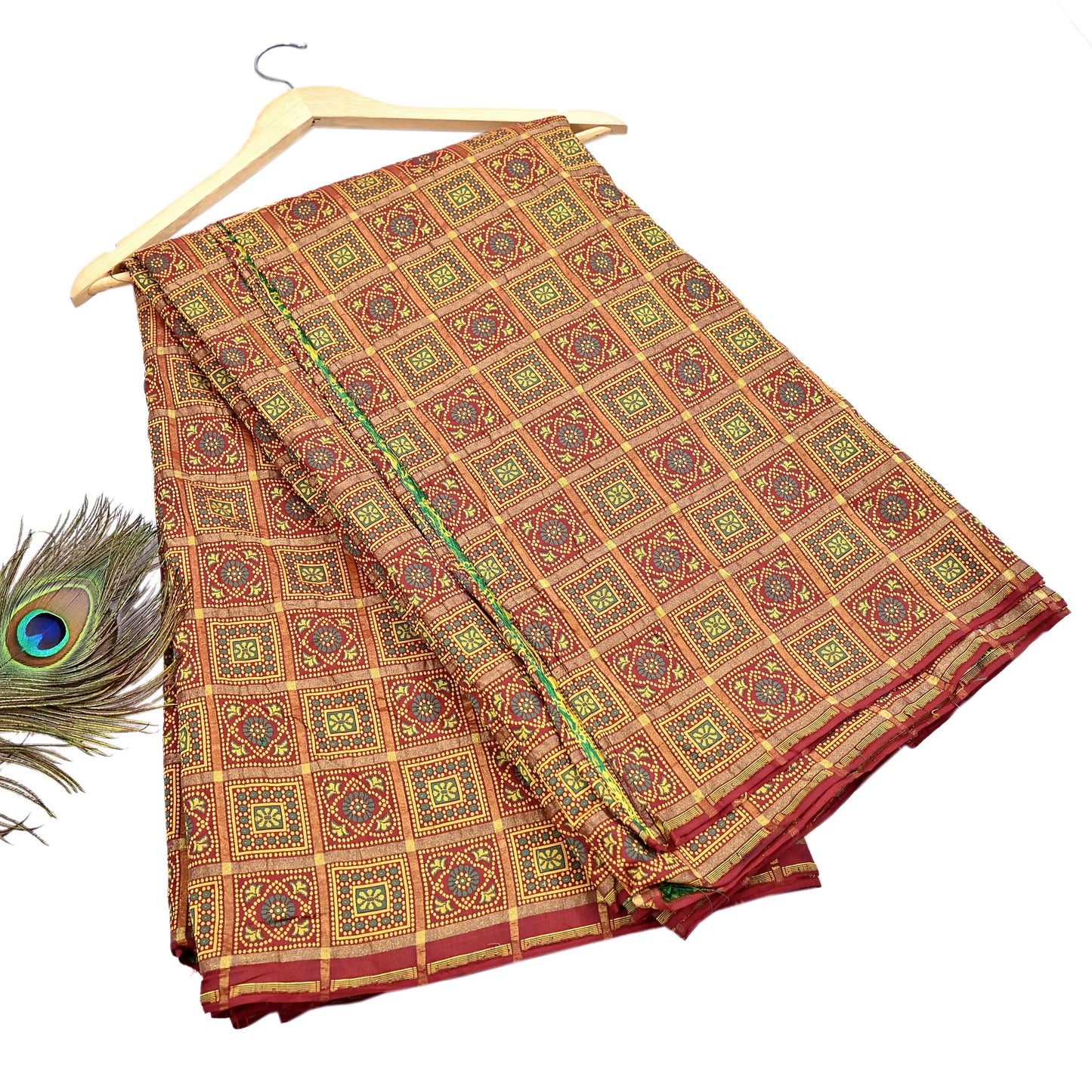 Indian Vintage Sari Maroon Heavy Wedding Pure Silk Hand Woven Gharchola Bandhani Sarees Zari 5Yd Craft Fabric Dress Making Crafting