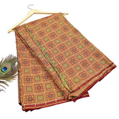 Indian Vintage Sari Maroon Heavy Wedding Pure Silk Hand Woven Gharchola Bandhani Sarees Zari 5Yd Craft Fabric Dress Making Crafting