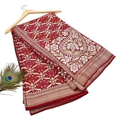 Indian Pre-Owned Sari Maroon Pure silk Hand Woven Bandhani Sarees Ethnic Zari Wedding Saree