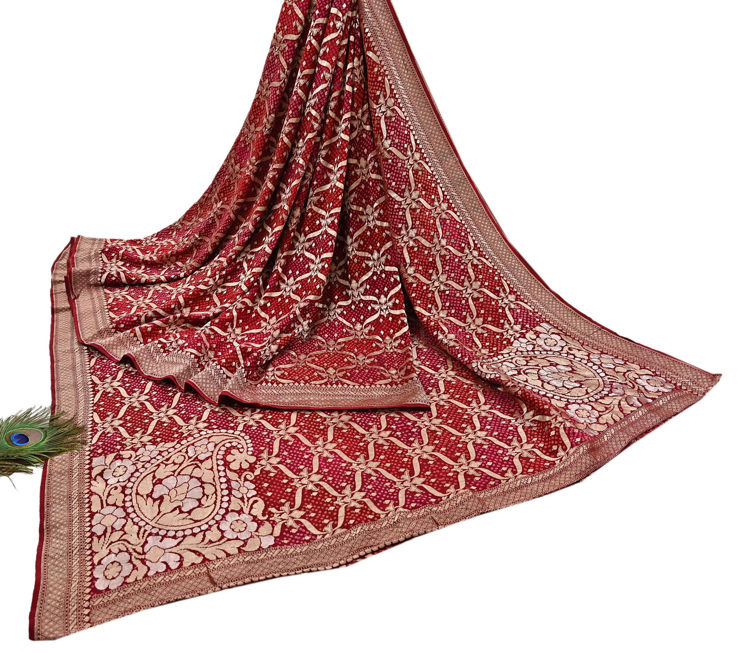 Indian Pre-Owned Sari Maroon Pure silk Hand Woven Bandhani Sarees Ethnic Zari Wedding Saree