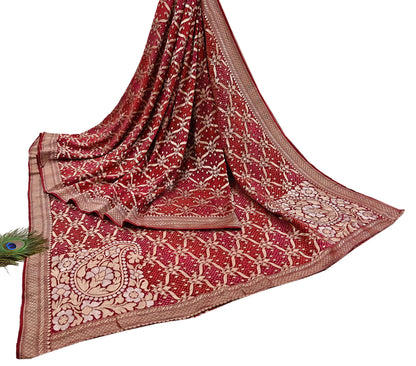 Indian Pre-Owned Sari Maroon Pure silk Hand Woven Bandhani Sarees Ethnic Zari Wedding Saree