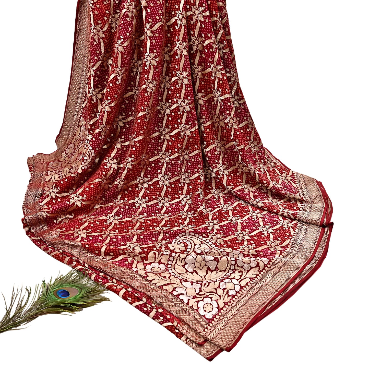 Indian Pre-Owned Sari Maroon Pure silk Hand Woven Bandhani Sarees Ethnic Zari Wedding Saree