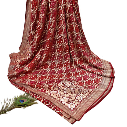 Indian Pre-Owned Sari Maroon Pure silk Hand Woven Bandhani Sarees Ethnic Zari Wedding Saree