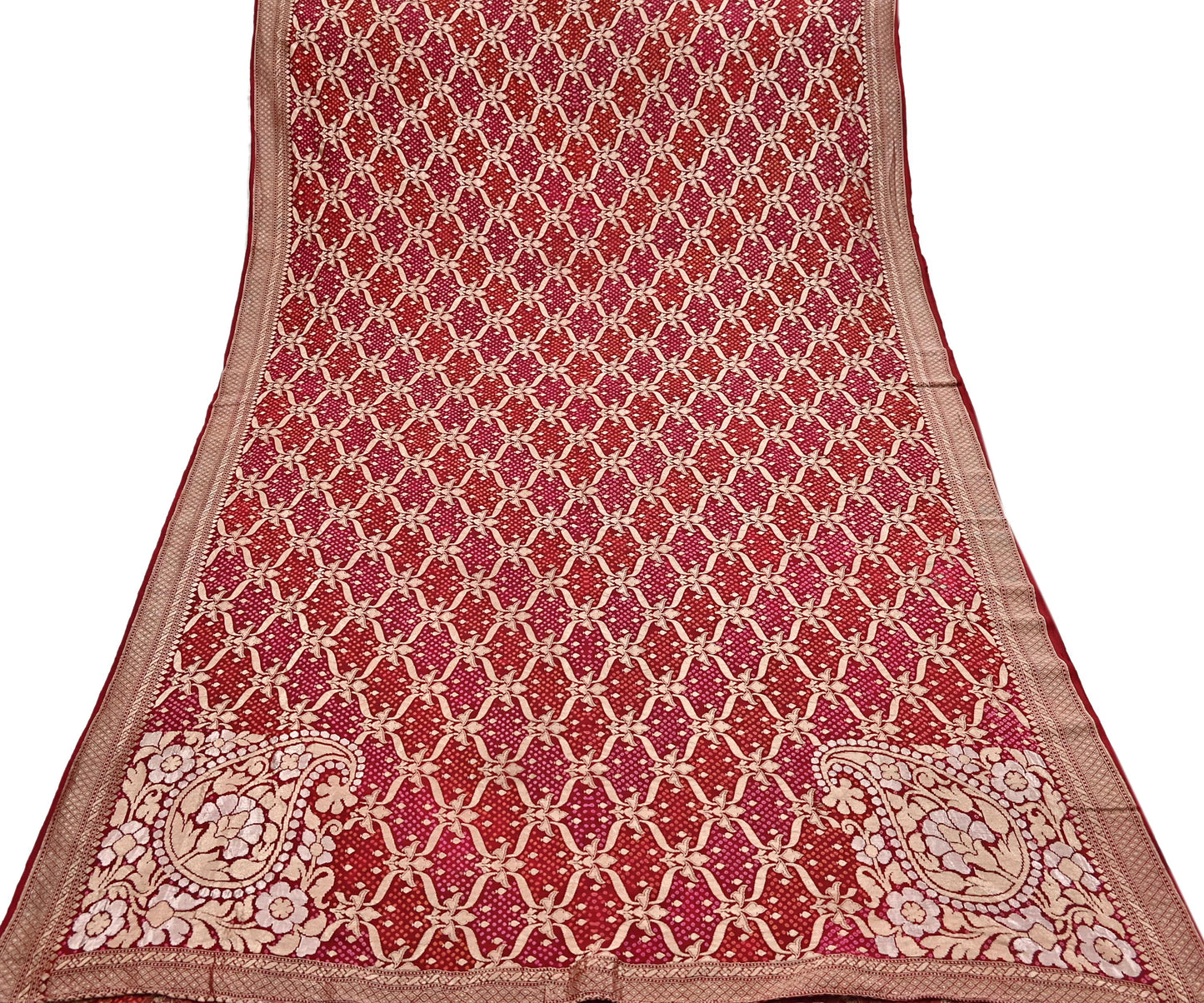 Indian Pre-Owned Sari Maroon Pure silk Hand Woven Bandhani Sarees Ethnic Zari Wedding Saree