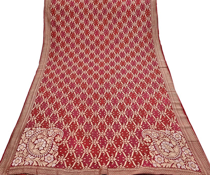 Indian Pre-Owned Sari Maroon Pure silk Hand Woven Bandhani Sarees Ethnic Zari Wedding Saree
