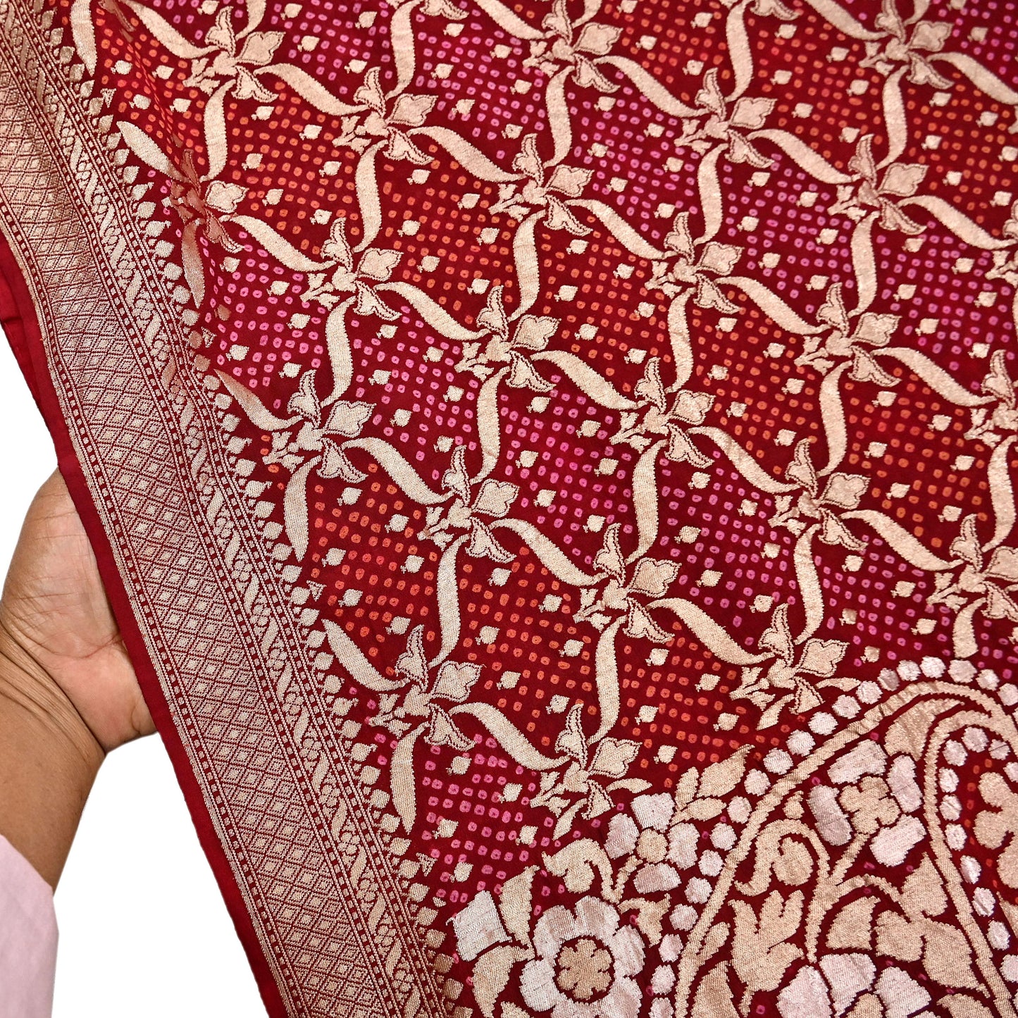 Indian Pre-Owned Sari Maroon Pure silk Hand Woven Bandhani Sarees Ethnic Zari Wedding Saree