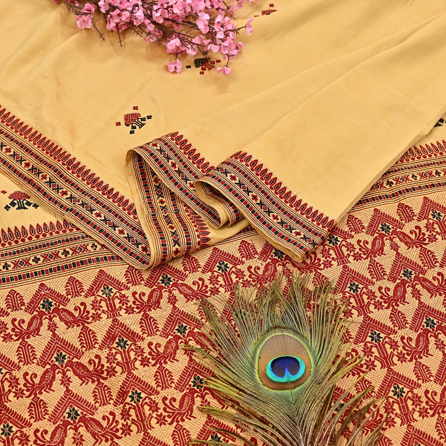 Vintage Yellow Pure Silk Saree Handwoven Asam Sari with Floral Design Antique Indian Wedding Saree 6yd Fabric Fringes