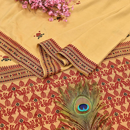Vintage Yellow Pure Silk Saree Handwoven Asam Sari with Floral Design Antique Indian Wedding Saree 6yd Fabric Fringes