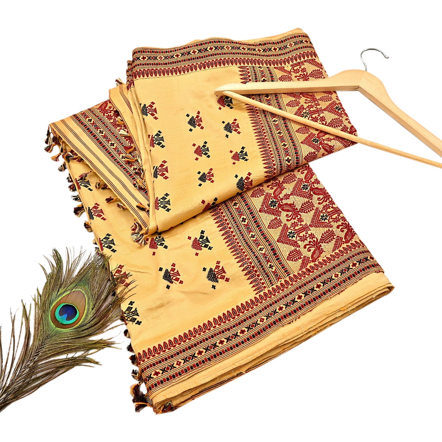 Vintage Yellow Pure Silk Saree Handwoven Asam Sari with Floral Design Antique Indian Wedding Saree 6yd Fabric Fringes