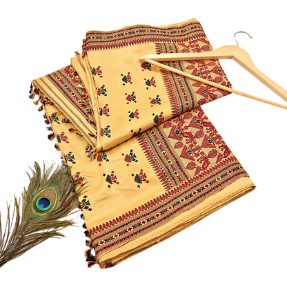 Vintage Yellow Pure Silk Saree Handwoven Asam Sari with Floral Design Antique Indian Wedding Saree 6yd Fabric Fringes