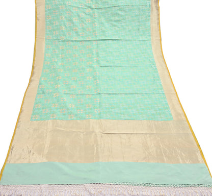 Indian Vintage Heavy Golden & Green Saree 100% Pure Silk Hand Woven Kanjeevaram Sari 5yd Ethnic Zari Premium Wedding Saree Fringes