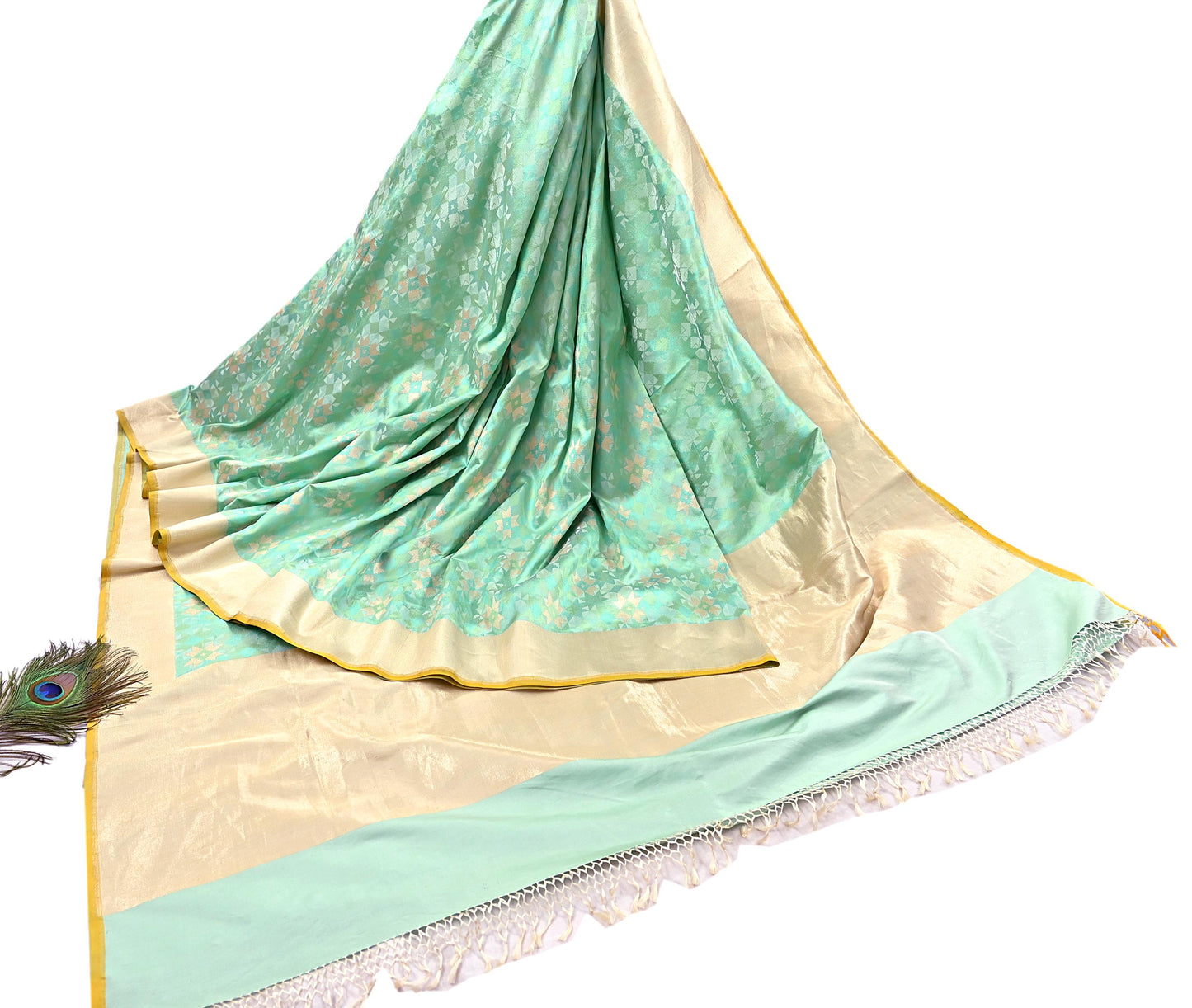 Indian Vintage Heavy Golden & Green Saree 100% Pure Silk Hand Woven Kanjeevaram Sari 5yd Ethnic Zari Premium Wedding Saree Fringes