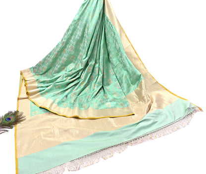 Indian Vintage Heavy Golden & Green Saree 100% Pure Silk Hand Woven Kanjeevaram Sari 5yd Ethnic Zari Premium Wedding Saree Fringes