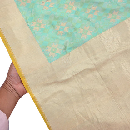 Indian Vintage Heavy Golden & Green Saree 100% Pure Silk Hand Woven Kanjeevaram Sari 5yd Ethnic Zari Premium Wedding Saree Fringes