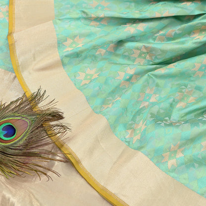 Indian Vintage Heavy Golden & Green Saree 100% Pure Silk Hand Woven Kanjeevaram Sari 5yd Ethnic Zari Premium Wedding Saree Fringes