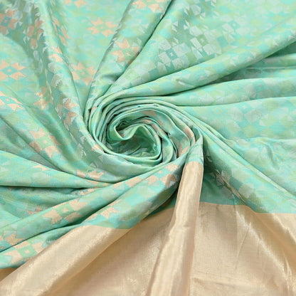 Indian Vintage Heavy Golden & Green Saree 100% Pure Silk Hand Woven Kanjeevaram Sari 5yd Ethnic Zari Premium Wedding Saree Fringes