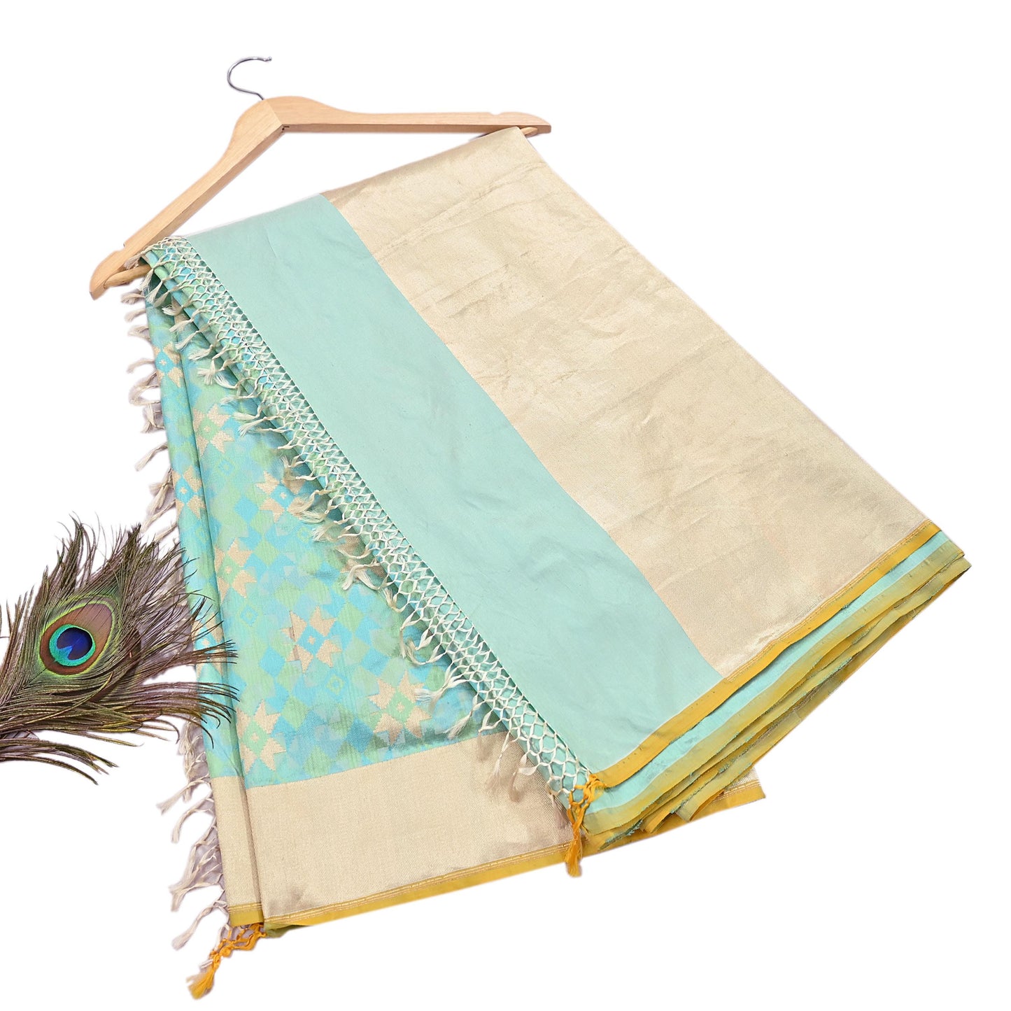 Indian Vintage Heavy Golden & Green Saree 100% Pure Silk Hand Woven Kanjeevaram Sari 5yd Ethnic Zari Premium Wedding Saree Fringes