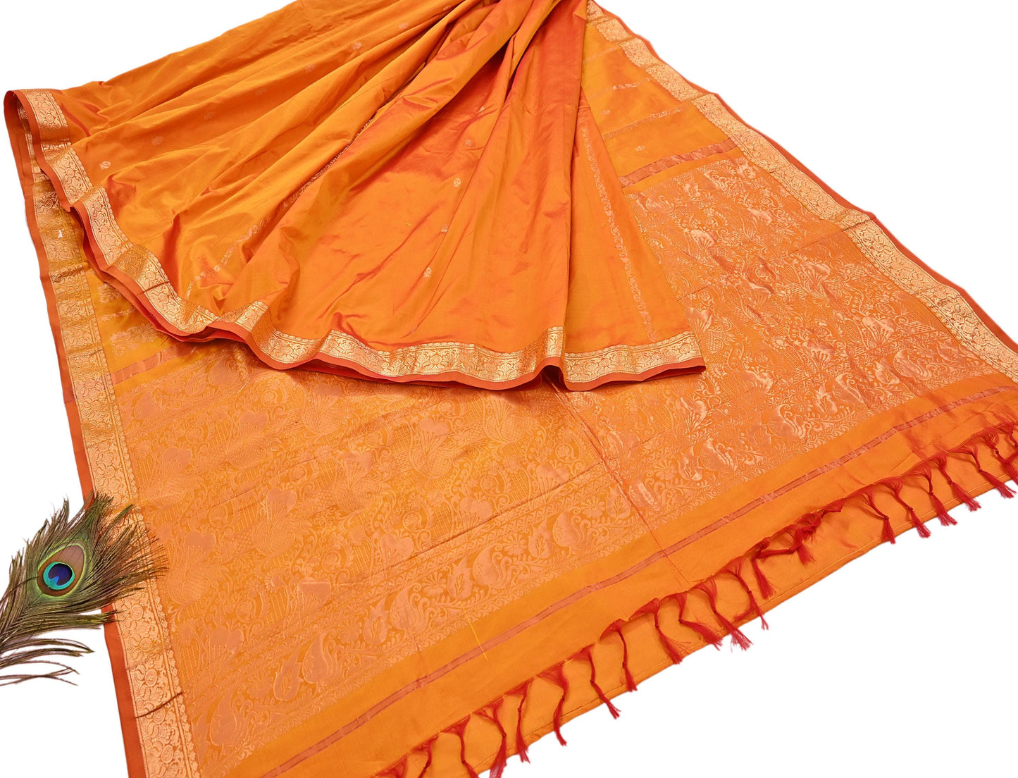 Indian Vintage Heavy Saffron Saree 100% Pure Silk Hand Woven Kanjeevaram Sari 6yd Ethnic Zari Premium Wedding Saree Fringes