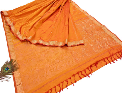 Indian Vintage Heavy Saffron Saree 100% Pure Silk Hand Woven Kanjeevaram Sari 6yd Ethnic Zari Premium Wedding Saree Fringes