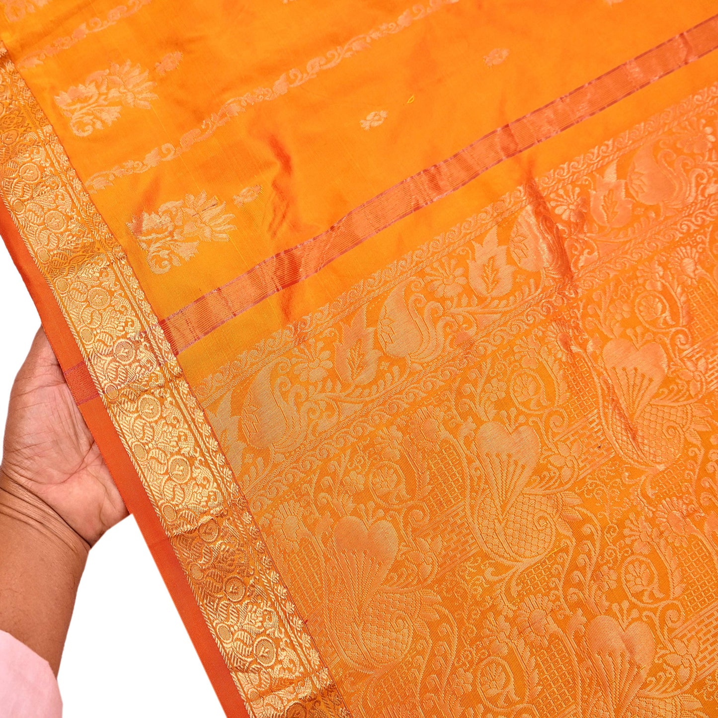 Indian Vintage Heavy Saffron Saree 100% Pure Silk Hand Woven Kanjeevaram Sari 6yd Ethnic Zari Premium Wedding Saree Fringes