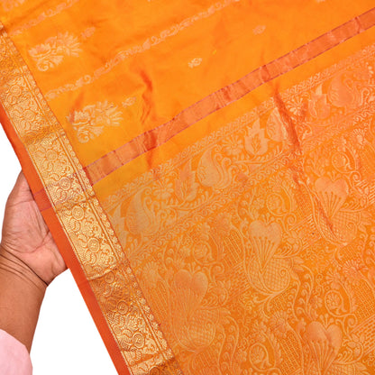 Indian Vintage Heavy Saffron Saree 100% Pure Silk Hand Woven Kanjeevaram Sari 6yd Ethnic Zari Premium Wedding Saree Fringes
