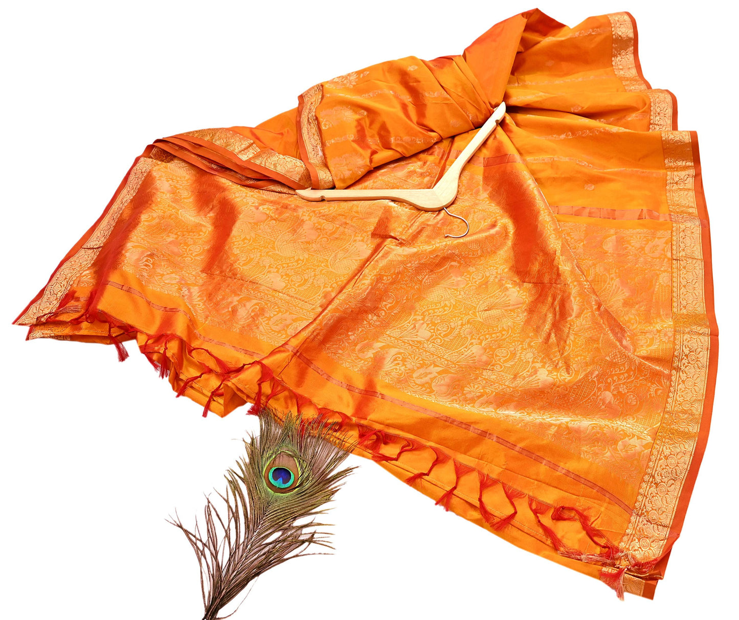 Indian Vintage Heavy Saffron Saree 100% Pure Silk Hand Woven Kanjeevaram Sari 6yd Ethnic Zari Premium Wedding Saree Fringes