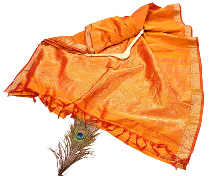 Indian Vintage Heavy Saffron Saree 100% Pure Silk Hand Woven Kanjeevaram Sari 6yd Ethnic Zari Premium Wedding Saree Fringes