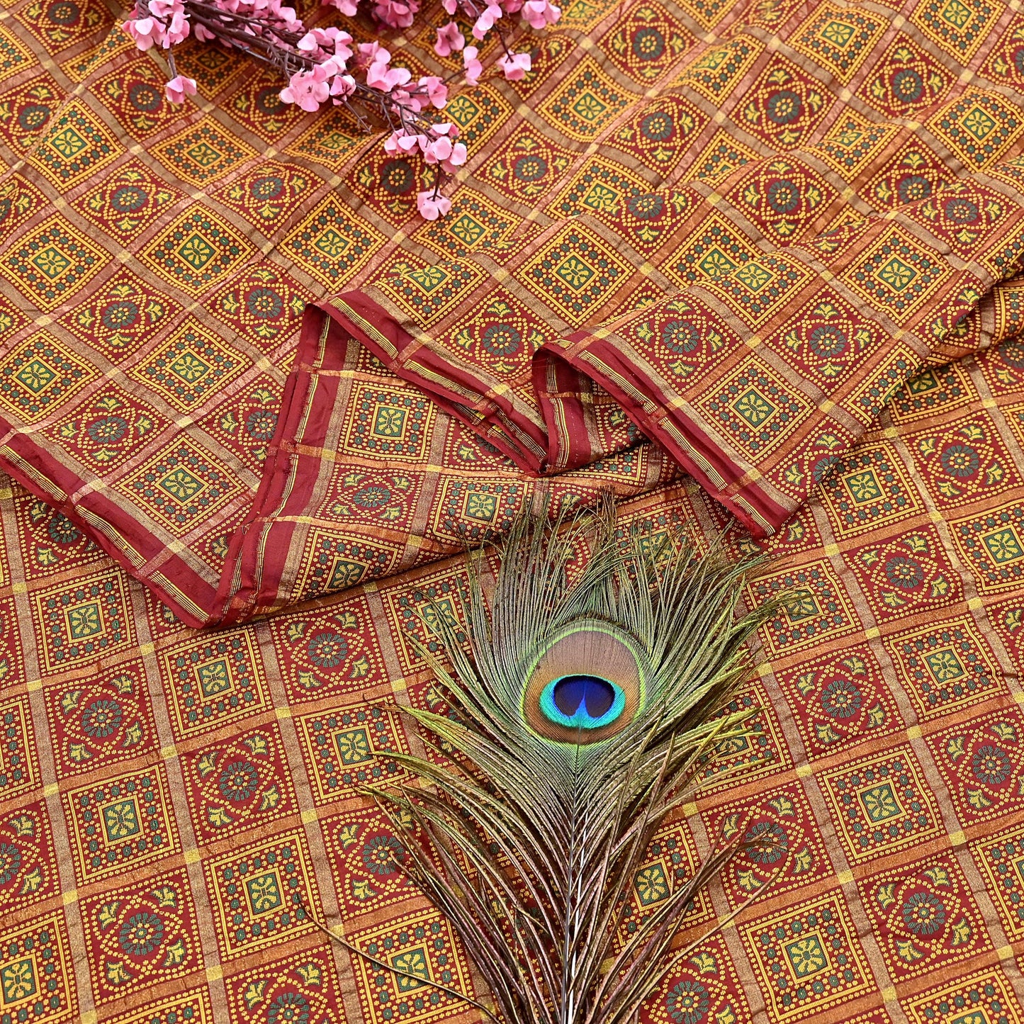 Indian Vintage Sari Maroon Heavy Wedding Pure Silk Hand Woven Gharchola Bandhani Sarees Zari 5Yd Craft Fabric Dress Making Crafting