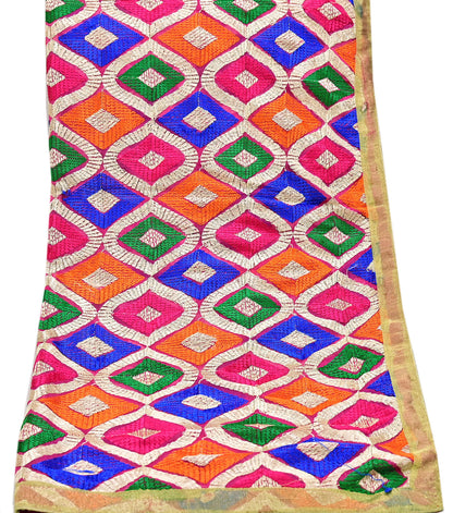 Indian Vintage Pink Dupatta Long Stole Pure Chiffon Silk Embroidered Bagh Phulkari Stole Scarves Golden Lace