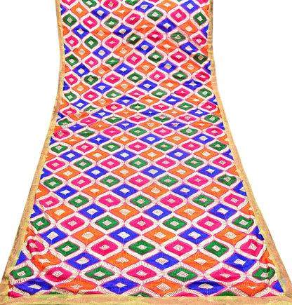 Indian Vintage Pink Dupatta Long Stole Pure Chiffon Silk Embroidered Bagh Phulkari Stole Scarves Golden Lace