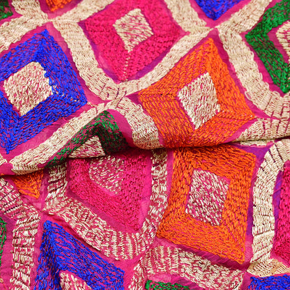 Indian Vintage Pink Dupatta Long Stole Pure Chiffon Silk Embroidered Bagh Phulkari Stole Scarves Golden Lace