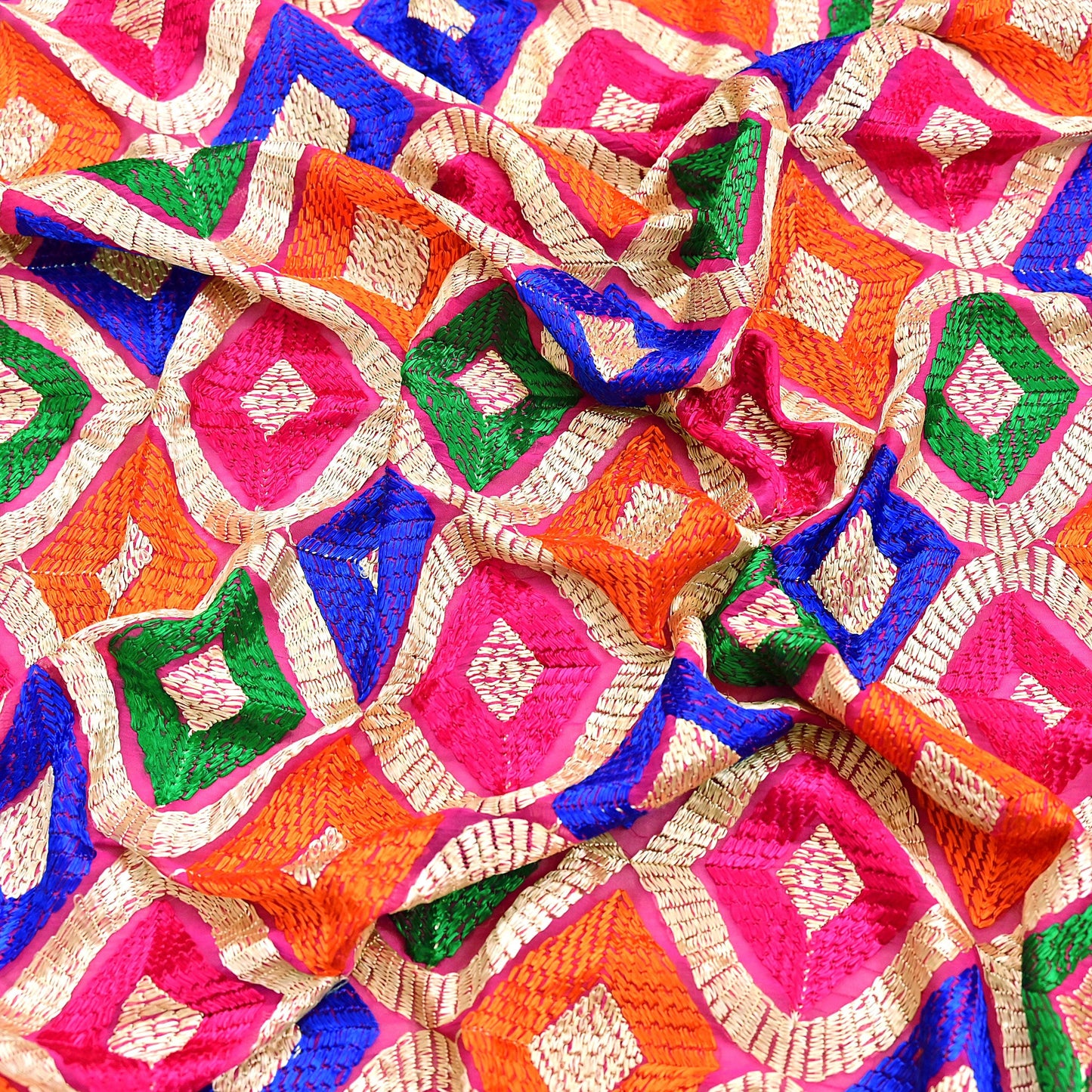 Indian Vintage Pink Dupatta Long Stole Pure Chiffon Silk Embroidered Bagh Phulkari Stole Scarves Golden Lace