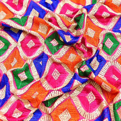 Indian Vintage Pink Dupatta Long Stole Pure Chiffon Silk Embroidered Bagh Phulkari Stole Scarves Golden Lace