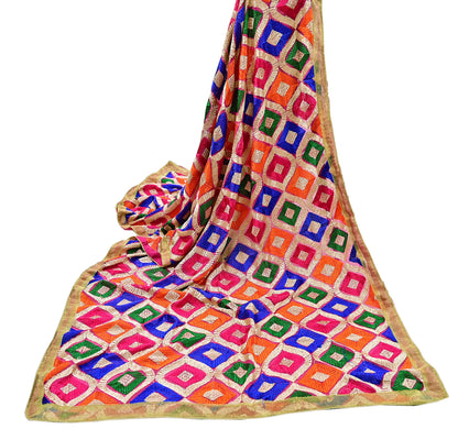 Indian Vintage Pink Dupatta Long Stole Pure Chiffon Silk Embroidered Bagh Phulkari Stole Scarves Golden Lace