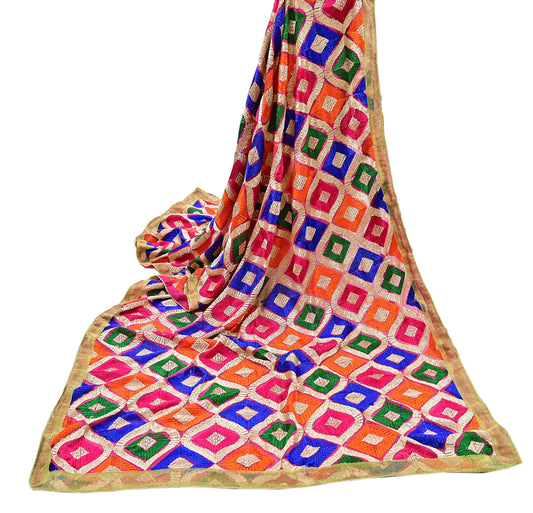 Indian Vintage Pink Dupatta Long Stole Pure Chiffon Silk Embroidered Bagh Phulkari Stole Scarves Golden Lace