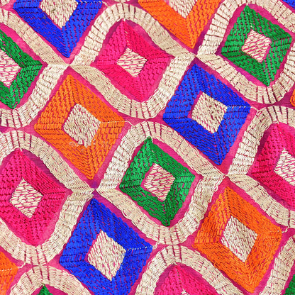 Indian Vintage Pink Dupatta Long Stole Pure Chiffon Silk Embroidered Bagh Phulkari Stole Scarves Golden Lace