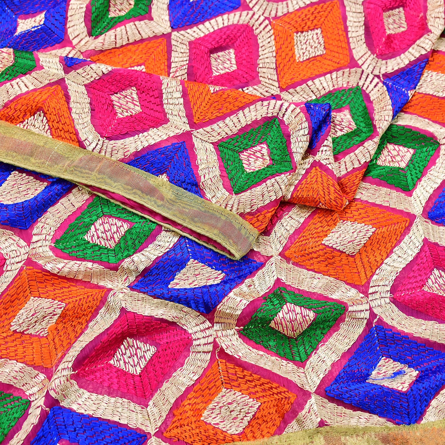 Indian Vintage Pink Dupatta Long Stole Pure Chiffon Silk Embroidered Bagh Phulkari Stole Scarves Golden Lace