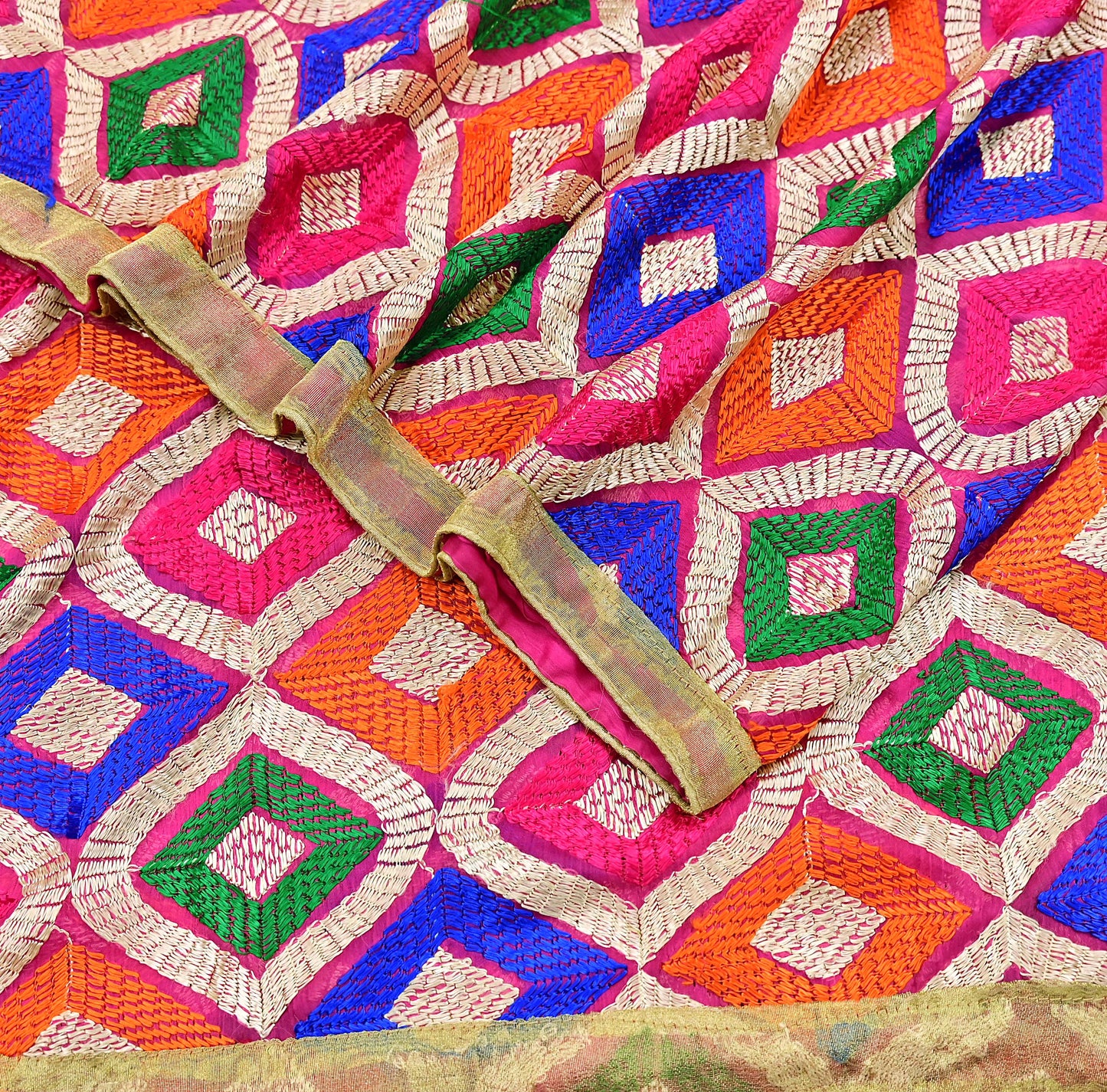 Indian Vintage Pink Dupatta Long Stole Pure Chiffon Silk Embroidered Bagh Phulkari Stole Scarves Golden Lace