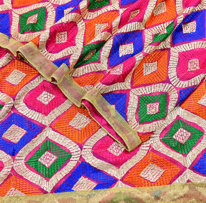 Indian Vintage Pink Dupatta Long Stole Pure Chiffon Silk Embroidered Bagh Phulkari Stole Scarves Golden Lace