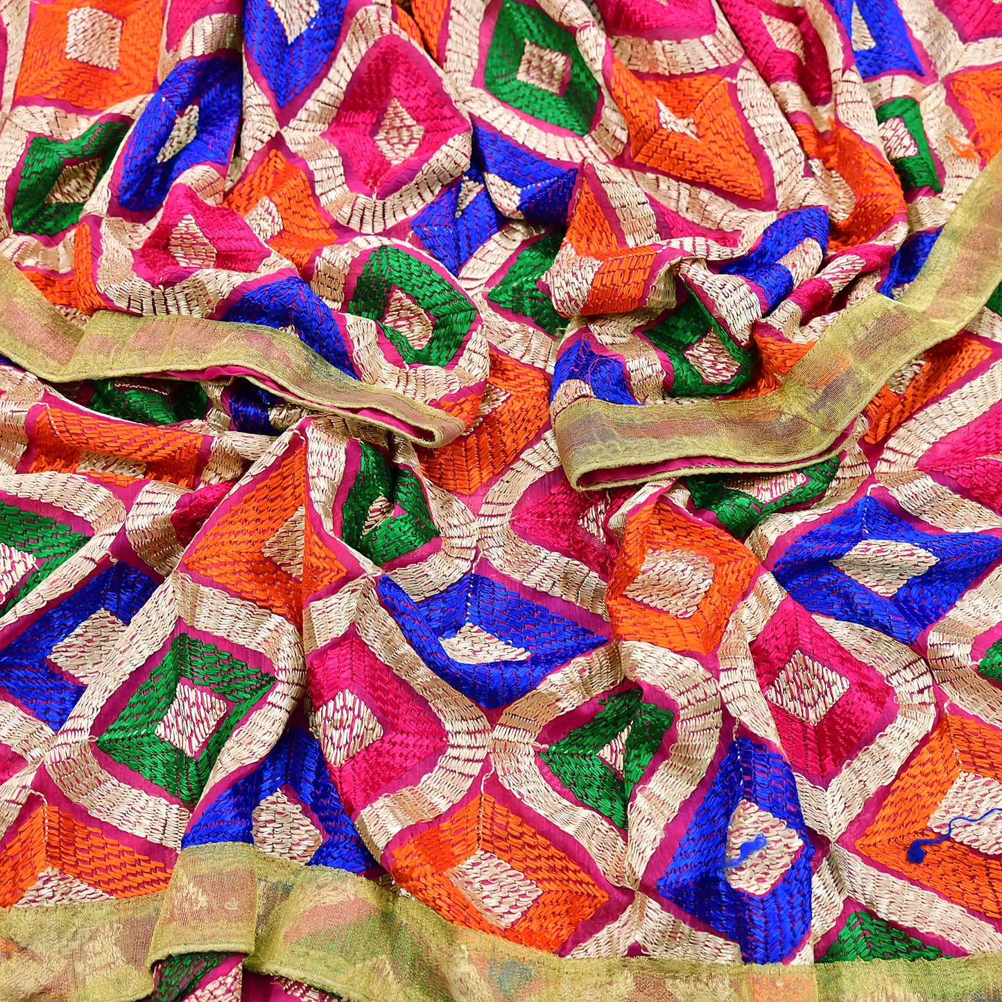 Indian Vintage Pink Dupatta Long Stole Pure Chiffon Silk Embroidered Bagh Phulkari Stole Scarves Golden Lace