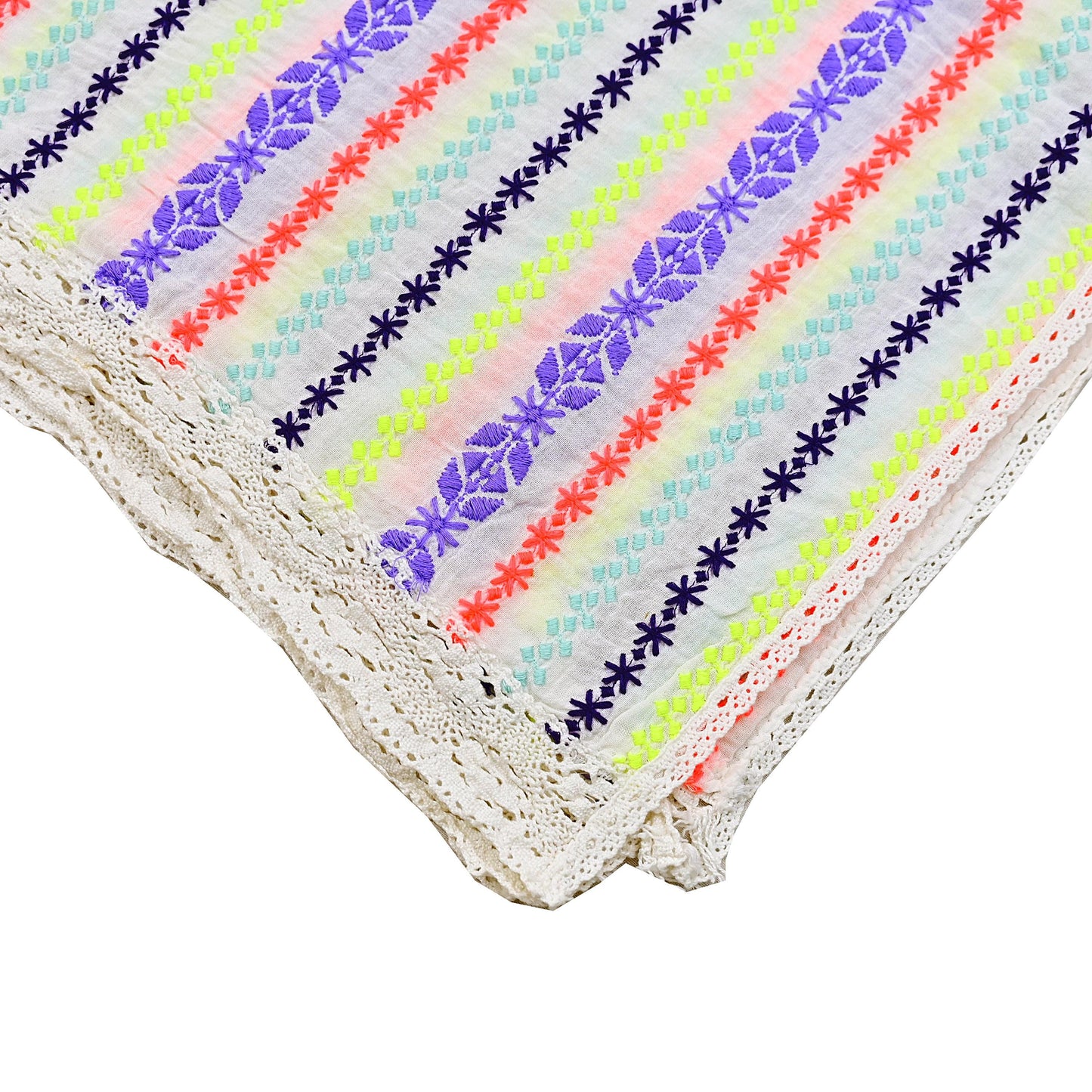 Indian Vintage White Dupatta Long Stole Hand Embroidered Pure Cotton Scarves Veil Mirror Soft Fringes