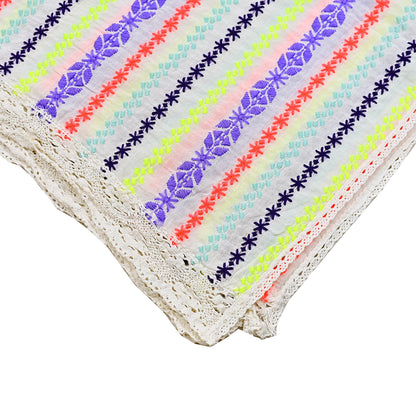 Indian Vintage White Dupatta Long Stole Hand Embroidered Pure Cotton Scarves Veil Mirror Soft Fringes