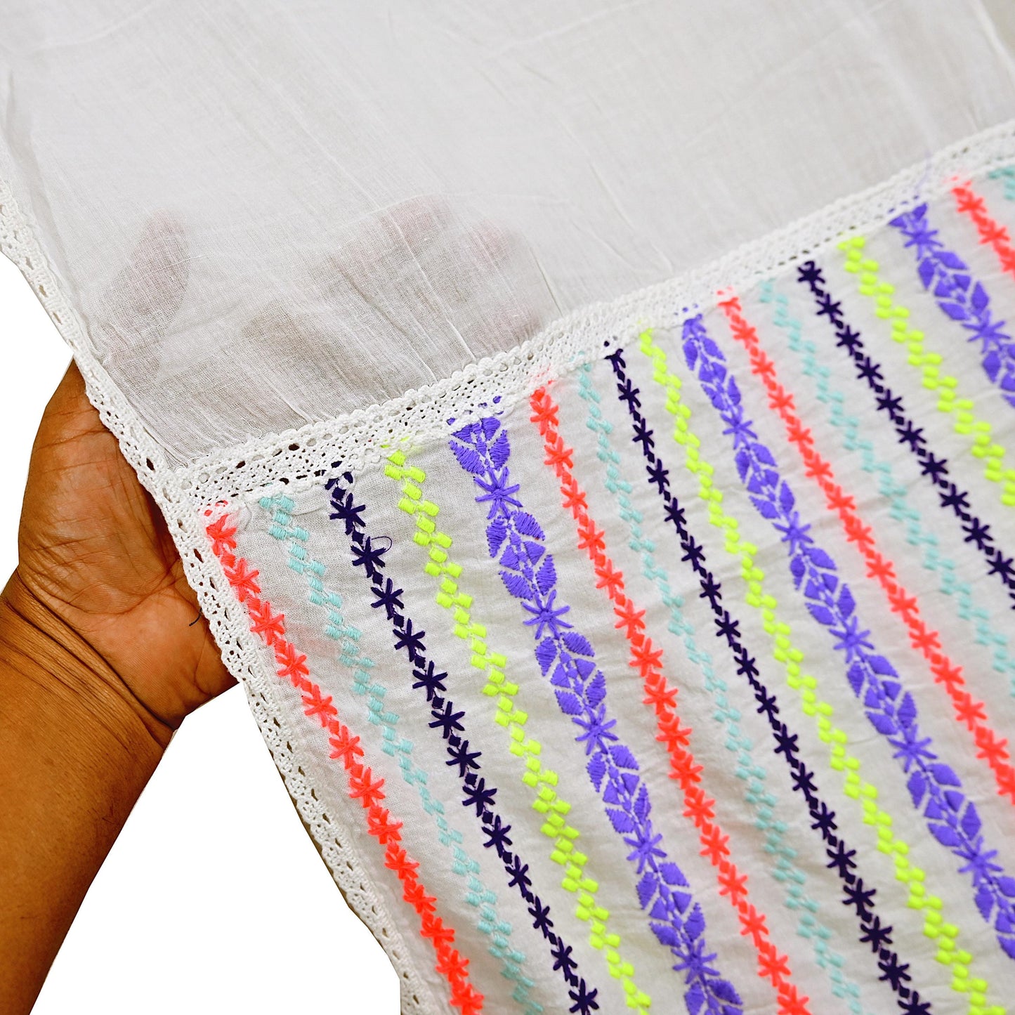 Indian Vintage White Dupatta Long Stole Hand Embroidered Pure Cotton Scarves Veil Mirror Soft Fringes