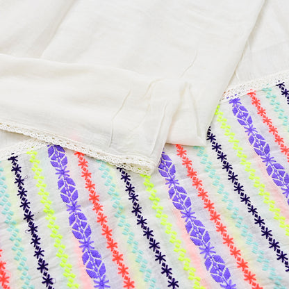 Indian Vintage White Dupatta Long Stole Hand Embroidered Pure Cotton Scarves Veil Mirror Soft Fringes